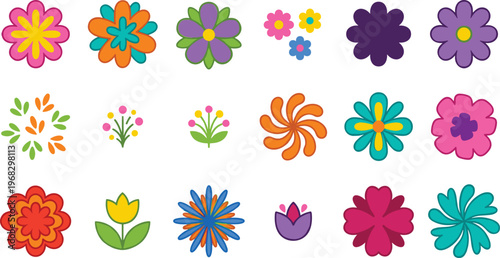 Happy flower burst icon set with colorful retro blooms and cheerful floral shapes for spring graphics, kids designs, stickers, greeting cards, playful branding and fun decorative projects