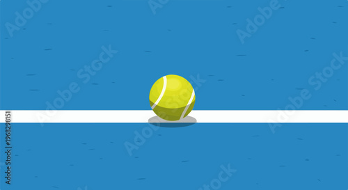 A single tennis ball rests on the white line of a blue court