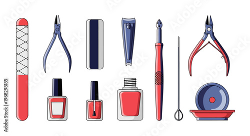 Collection of manicure and pedicure tools and nail polish bottles
