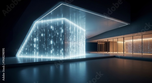 Futuristic architectural design with glowing digital display.