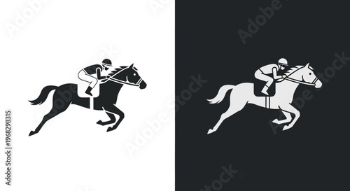 Dynamic graphic of a jockey on a powerful racehorse in full gallop, embodying speed, competition, and the athletic spirit of equestrian racing