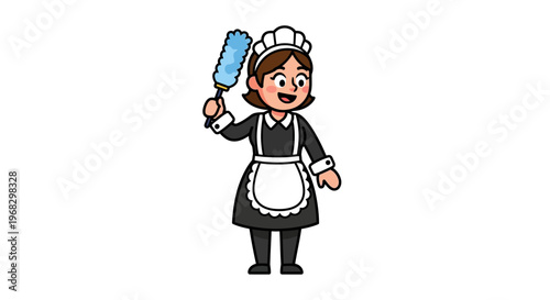 Illustrative depiction of a cheerful domestic worker or housekeeper ready for efficient home cleaning tasks with a traditional feather duster