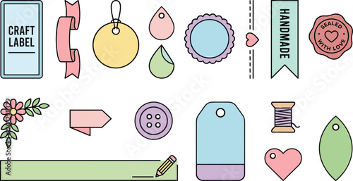 Handmade market label and tag design set with craft badges, buttons, ribbons, seals and packaging elements for artisan branding, small business products, gift wrapping and boutique stationery