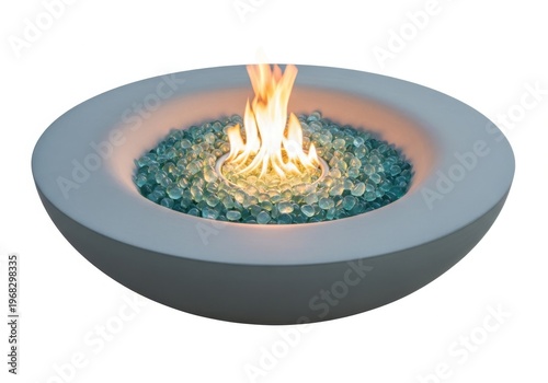 Modern round fire pit with blue glass rocks and flames isolated on white background