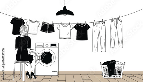 Laundry room vector illustration with woman sitting on stool