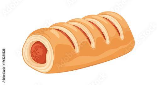 Deliciously baked golden brown pastry encasing a savory sausage filling, presented as a perfect quick snack or an appealing appetizer, isolated on a clean white background