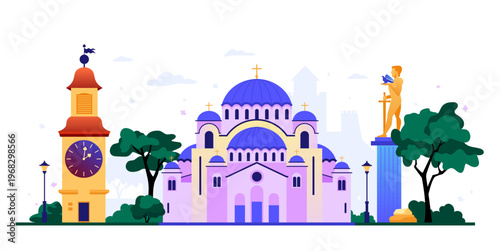 St. Sava, Victor statue and Clock Tower - colorful flat design illustration