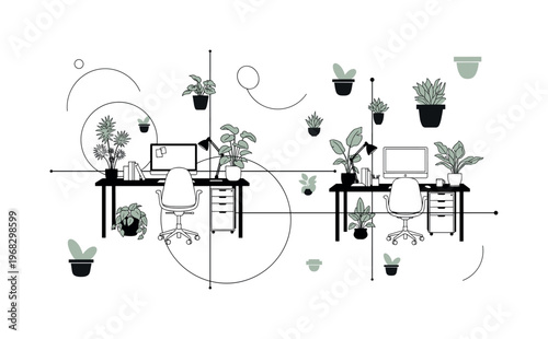 plant-filled workspace intersecting geometric lines circles and abstract pot icons detailed black and white desks with small and large indoor plants enhancing