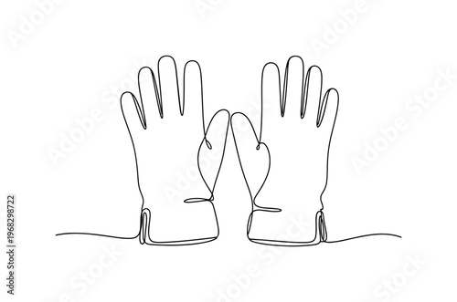 Gloves Illustration. Minimalistic one-line drawing pair of gloves with cuffs and fingers outlined, continuous single black line on white background, simple