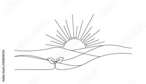Hope Rising. Minimalistic one-line drawing sun rising behind hills with small sprout in foreground, continuous single black line on white background, simple