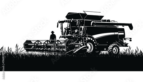 Tractor combine harvester silhouette illustration in a field with a farmer