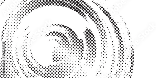Abstract black and white halftone swirl design featuring circular spiral patterns made of dense dot textures, modern background
