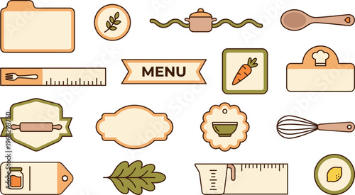 Kitchen and cooking design elements set with labels, spoon, whisk, menu ribbon, ruler, tags and recipe themed icons in warm tones for food packaging, menus, branding, cards and kitchen products
