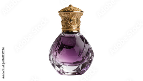 Cuadro en lienzo Elegant faceted purple perfume bottle with ornate golden cap showcasing luxury a