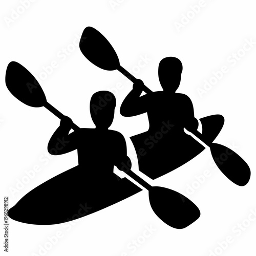 Silhouette of two people kayaking together in a simple black and white image