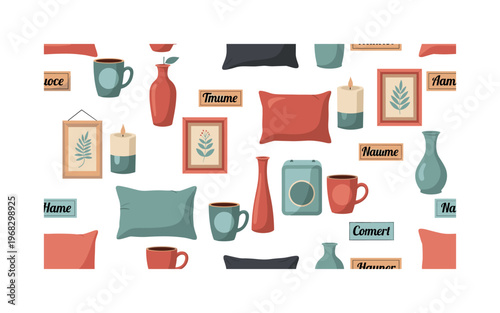 customized patterns seamless pattern, repeating pattern, surface design, textile print, modern illustration of personalized home items, pillows, mugs, framed