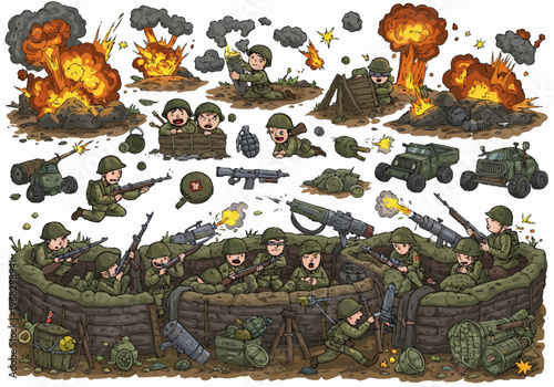 Soldiers engage in combat from a fortified bunker position amidst explosions and chaos