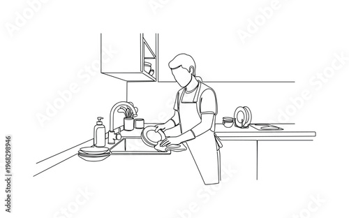 Kitchen Cleanup. Minimalistic one-line drawing person tidying dishes and kitchen space, continuous single black line on white background, simple outline style,