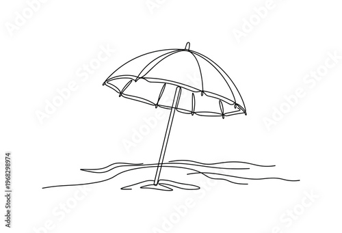 Beach Umbrella. Minimalistic one-line drawing beach umbrella planted in sand with gentle waves nearby, continuous single black line on white background, simple