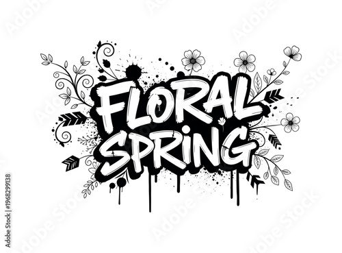 Floral Spring. lettering and all elements in black. Vector style. AWhite background. Pure white background. Perfect isolation and visual consistency. Dynamic