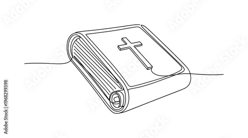 Bible Scroll. Minimalistic one-line drawing rolled Bible scroll with cross, continuous single black line on white background, simple outline style, no shading,