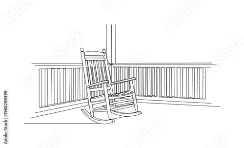 Outdoor Rocking Chair. Minimalistic one-line drawing wooden rocking chair on porch, continuous single black line on white background, simple outline style, no