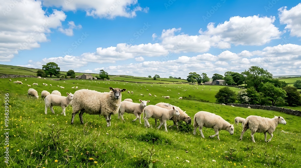 Obraz premium Herd of sheep grazing on lush green pasture under a blue sky