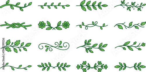 Leaf branch divider set with elegant botanical line separators, vine flourishes and greenery borders for wedding invitations, greeting cards, natural branding, packaging and decorative layout design