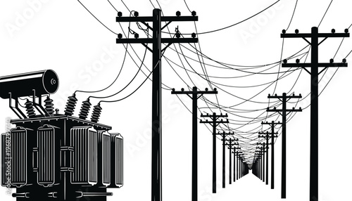 Electricity transformer station with power lines and utility poles illustration