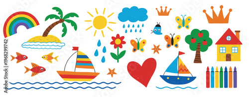 Illustration set of childlike drawings featuring playful doodles, simple shapes, and hand-drawn elements, created in a fun sketch style suitable for educational materials, children’s books, classroom 