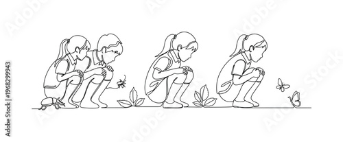 Nature Observation. Minimalistic one-line drawing schoolchildren crouched observing insects and leaves, continuous single black line on white background,