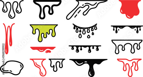 Liquid drip shape set with melting paint, ink and goo drips in bold graphic styles for posters, packaging, streetwear branding, stickers, Halloween art and playful abstract design layouts