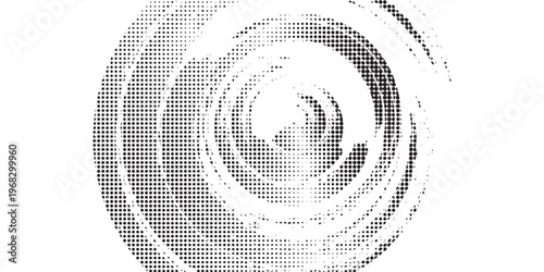 Abstract black and white halftone swirl design featuring circular spiral patterns made of dense dot textures, with overlapping circular shapes and subtle distortion