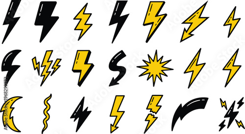 Lightning bolt icon set with electric thunder symbols, energy flashes and dynamic power shapes for weather graphics, warning labels, comics, sports branding and bold modern design projects