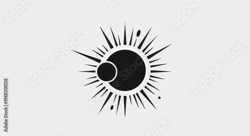Abstract solar eclipse graphic with sunburst rays and orbiting planets