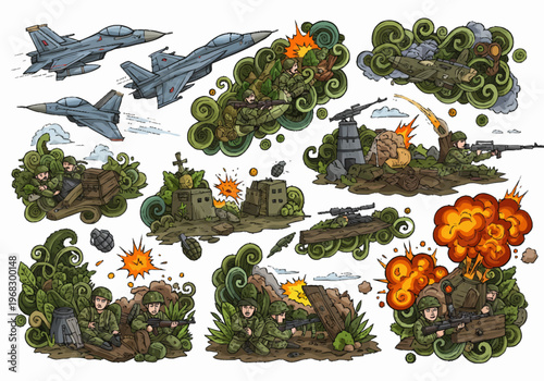 Military jets and tanks engage in combat with explosions in a war-torn landscape with smoke and fire.