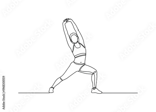 Stretch and Warm-Up. Minimalistic one-line drawing individual stretching arms and legs before cardio session, continuous single black line on white background,
