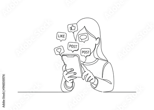 Mobile Network Browsing. Minimalistic one-line drawing person holding phone with icons of likes, comments, and posts, continuous single black line on white