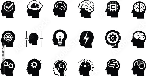 Abstract brain icon set, human head silhouettes, cognitive thinking, artificial intelligence, neural network, psychology, creativity, innovation, technology, mind symbols, collection