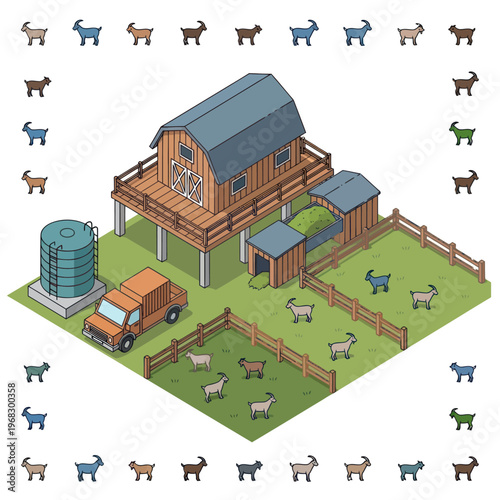 Isometric Farmhouse with Animals and Fencing.