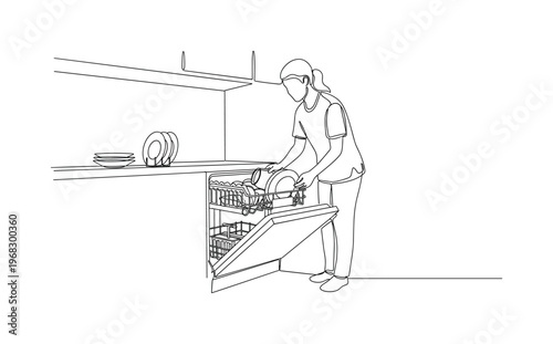 Tidying Kitchen. Minimalistic one-line drawing individual putting dishes in dishwasher, continuous single black line on white background, simple outline style,
