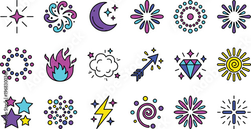 Magical spark burst icon set with stars, fireworks, moon, gems and glowing fantasy symbols in bright colors for party graphics, holiday designs, mystical branding, stickers and decorative projects