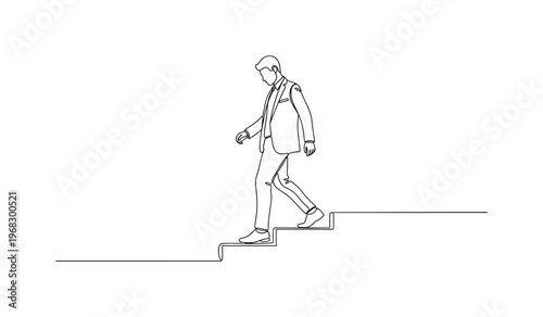 Low-Impact Fitness. Minimalistic one-line drawing person stepping lightly on low step platform, continuous single black line on white background, simple