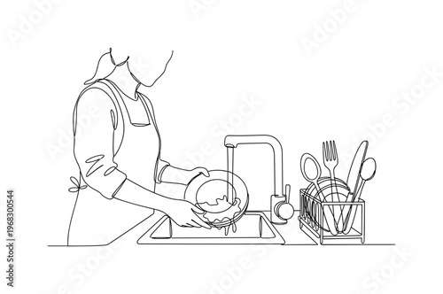 Dishwashing Routine. Minimalistic one-line drawing person washing utensils and plates, continuous single black line on white background, simple outline style,