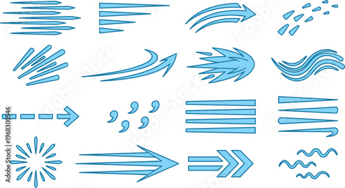Blue motion speed line effect set with swooshes, arrows, bursts and dynamic streaks for comic action graphics, sports posters, racing visuals, text emphasis, branding and energetic modern layouts