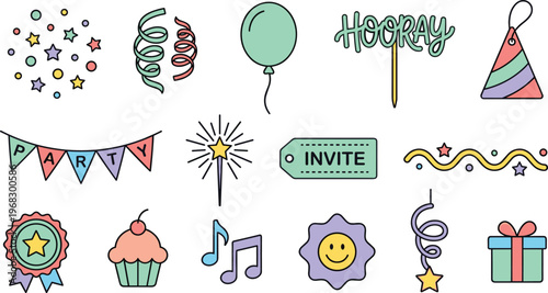 Party celebration design elements set with confetti, bunting, balloon, cupcake, music note and gift icons in cheerful colors for birthday invitations, event posters, festive branding and social media