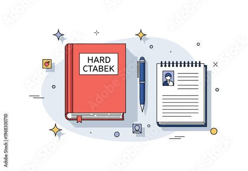 Hardcover book author?s workspace scene where a hardcover manuscript rests alongside pen and notebook while tiny sparkle and star icons highlight creativity,