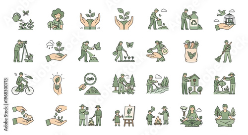 Diverse set of hand drawn illustrations depicting environmental care sustainability community engagement and personal growth activities featuring people planting