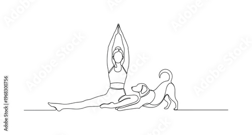 Yoga Companion. Minimalistic one-line drawing person performing yoga with dog stretching beside, continuous single black line on white background, simple