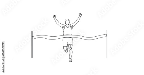 Athlete Triumph. Minimalistic one-line drawing competitor crossing finish line with arms lifted high, continuous single black line on white background, simple